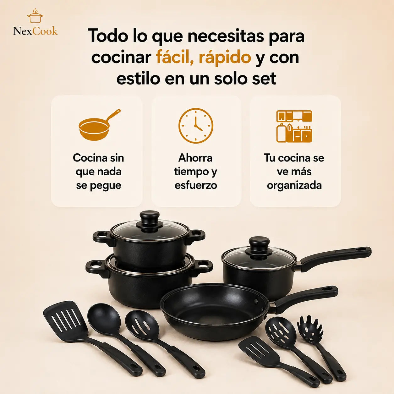 NexCook - Cocina Práctico Cada Día - Juego de Batería Antiadherente 13 Piezas - Color Negro