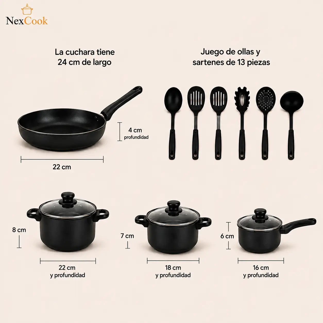 NexCook - Cocina Práctico Cada Día - Juego de Batería Antiadherente 13 Piezas - Color Negro